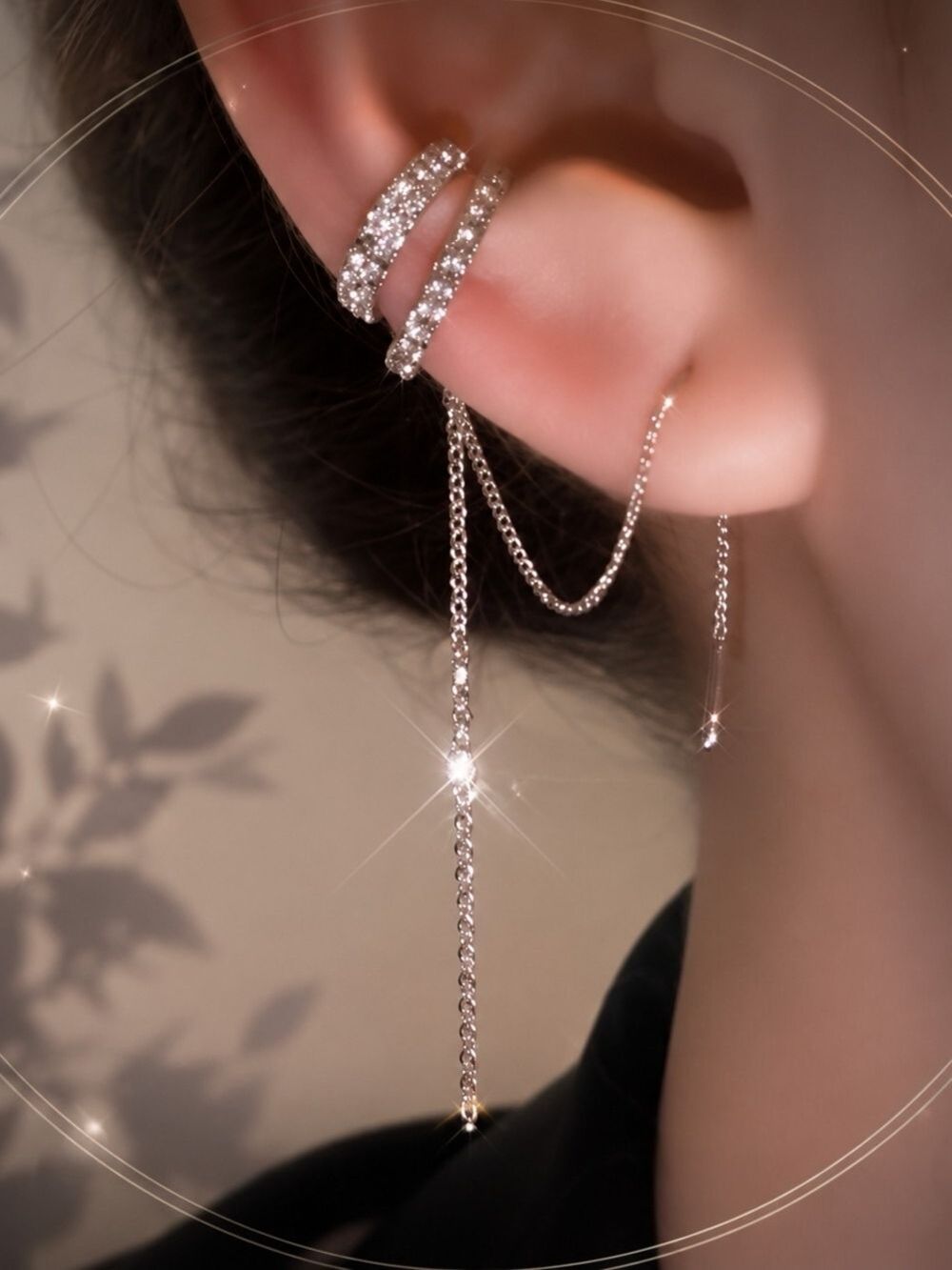 Silver Crystal Double Hoop Chain Drop Ear Cuff